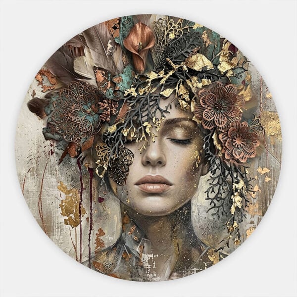 Muurcirkel met Vrouw schilderij met bloemen en veren, modern
