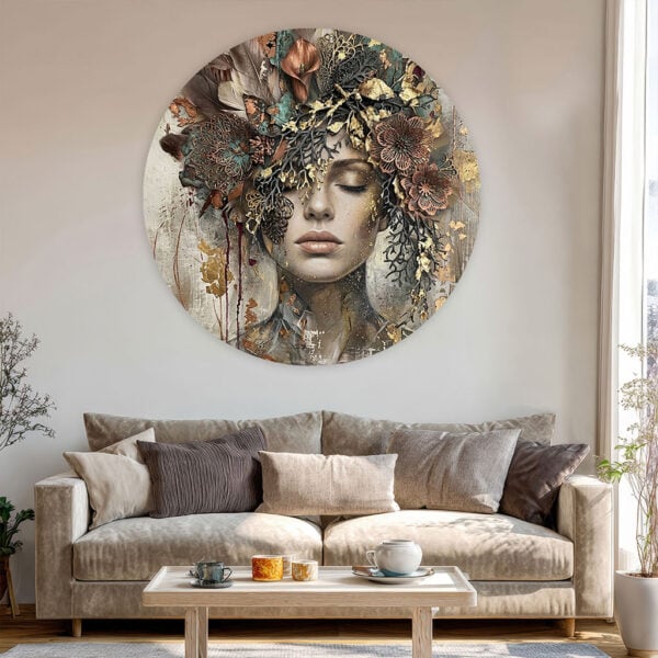 Muurcirkel met Vrouw schilderij met bloemen en veren, modern