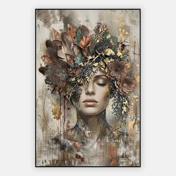 Vrouw schilderij met bloemen en veren, in modern, luxe artframe