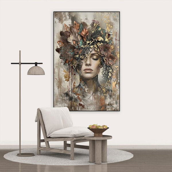 Vrouw schilderij met bloemen en veren, in modern, luxe artframe