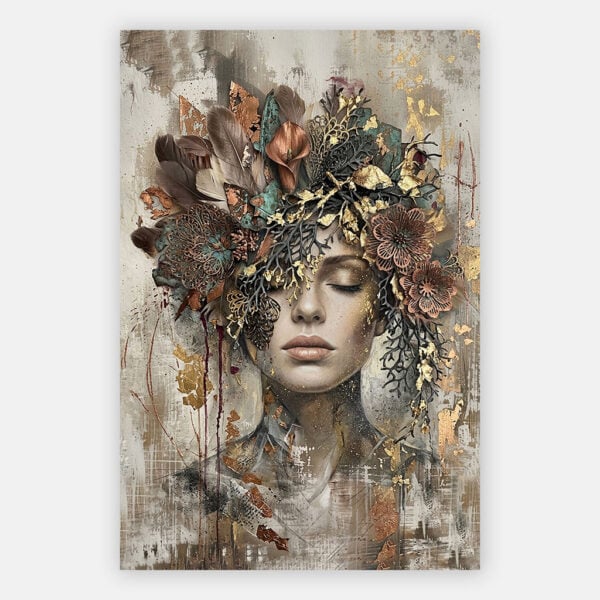 Vrouw schilderij met bloemen en veren, modern