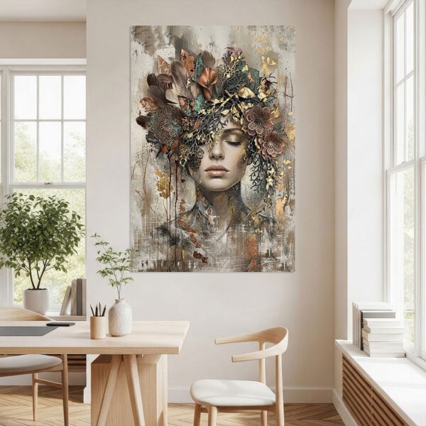 Vrouw schilderij met bloemen en veren, modern