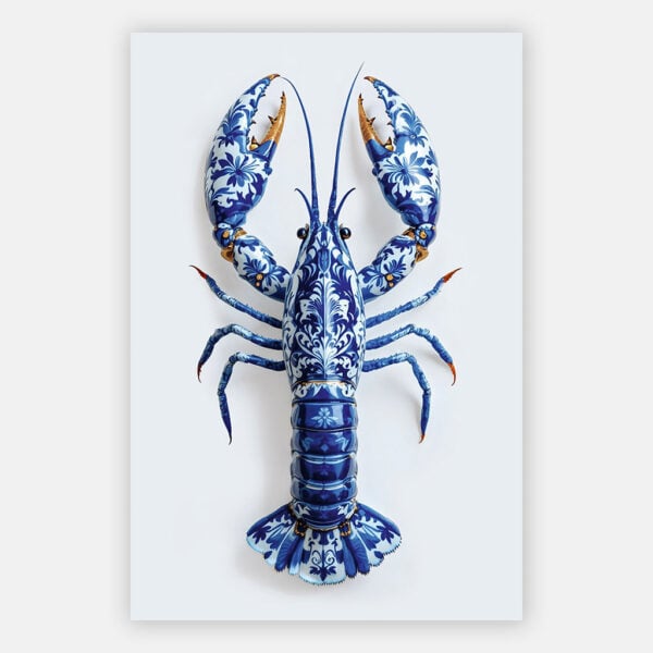 Schilderij Delfts blauwe kreeft witte achtergrond op Aluminium Dibond