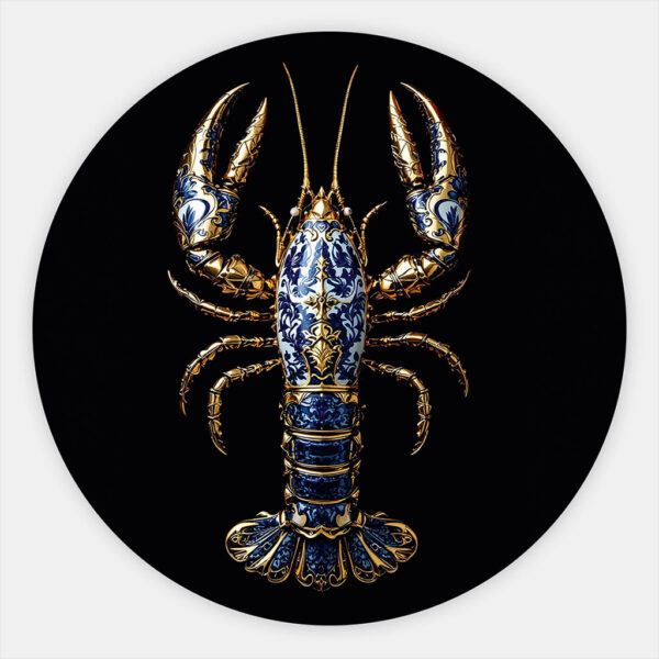 Muurcirkel Kreeft in Delfts blauw met gouden details op een donkere achtergrond