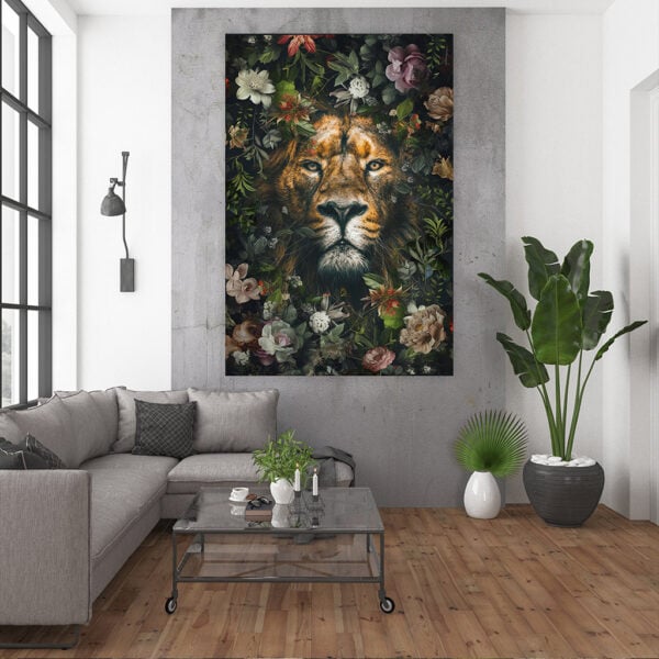 Schilderij leeuw met bloemen