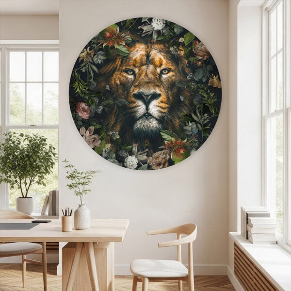 Schilderij leeuw met bloemen muurcirkel