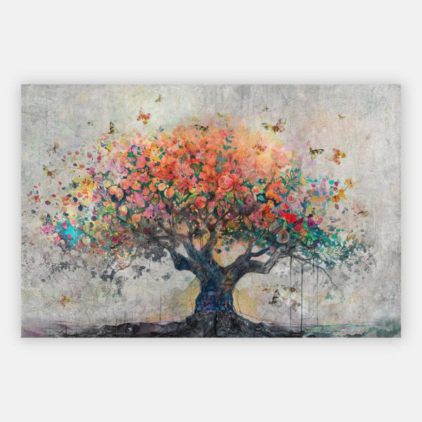 Schilderij Levensboom in Bloei met kleurrijke bloemen en vlinders op een sfeervolle achtergrond