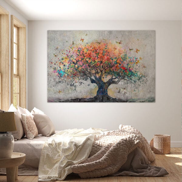 Schilderij Levensboom in Bloei met kleurrijke bloemen en vlinders op een sfeervolle achtergrond