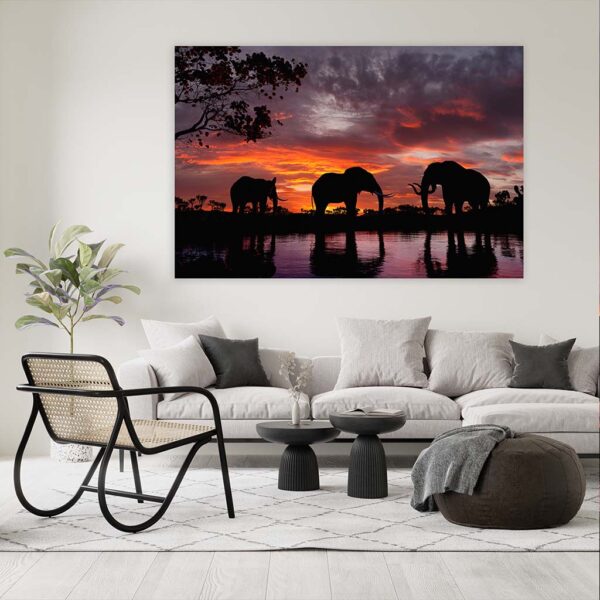 Schilderij olifanten bij zonsondergang