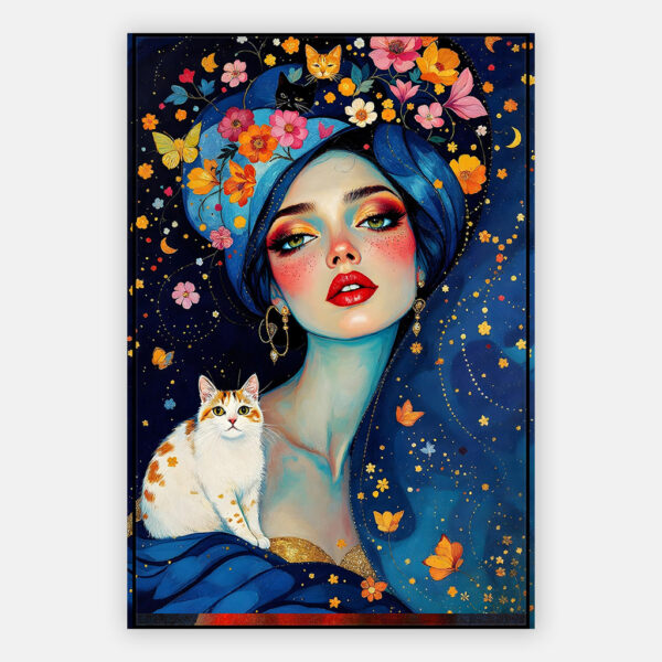 Schilderij Purrfect muse - vrouw met katten in Artframe
