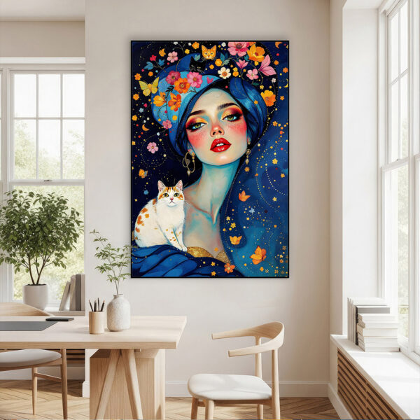 Schilderij Purrfect muse - vrouw met katten in Artframe