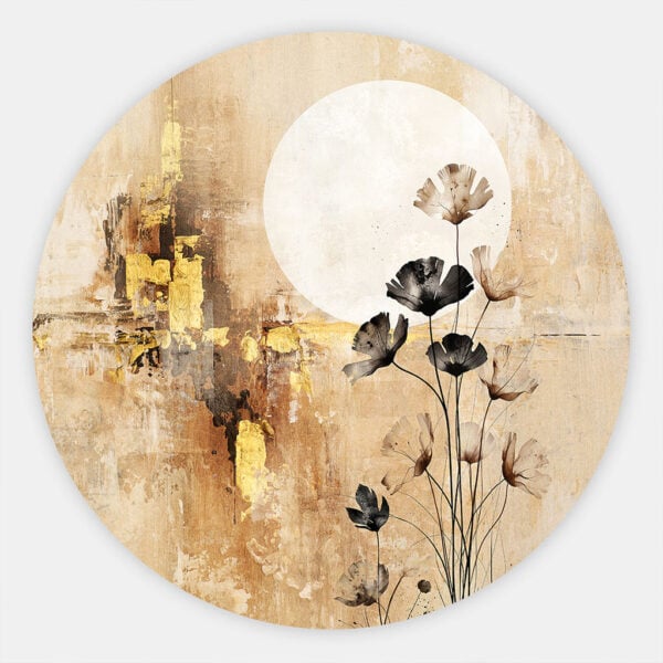 Muurcirkel Wabi Sabi Moon Japandi schilderij met witte maan, gouden accenten en bloemen