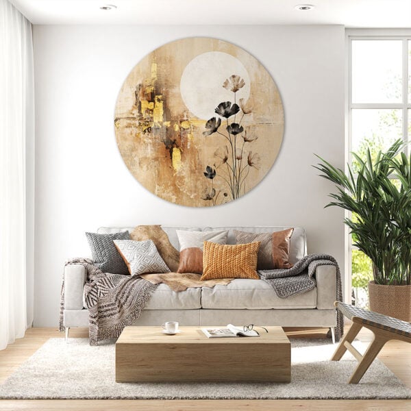 Muurcirkel Wabi Sabi Moon Japandi schilderij met witte maan, gouden accenten en bloemen
