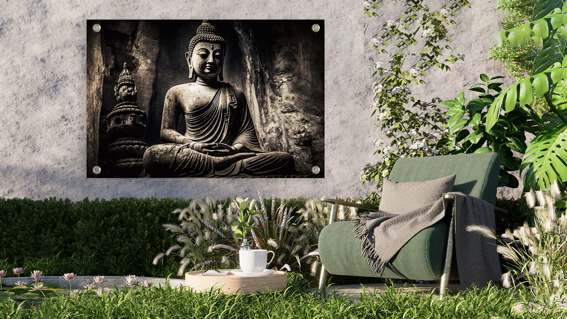 Wanddecoratie tuin boeddha