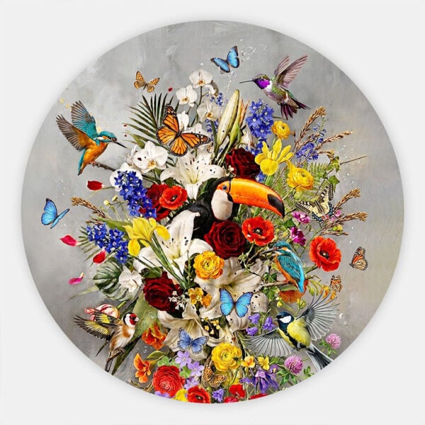 Muurcirkel Bloemen schilderij met vogels