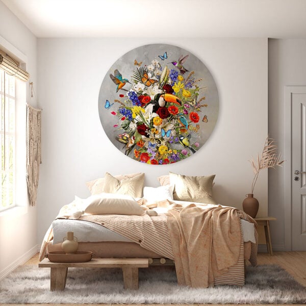 Muurcirkel Bloemen schilderij met vogels
