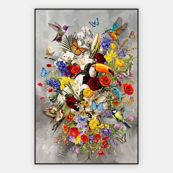 Bloemen schilderij met vogels in luxe artframe