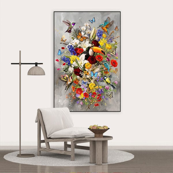 Bloemen schilderij met vogels in luxe artframe