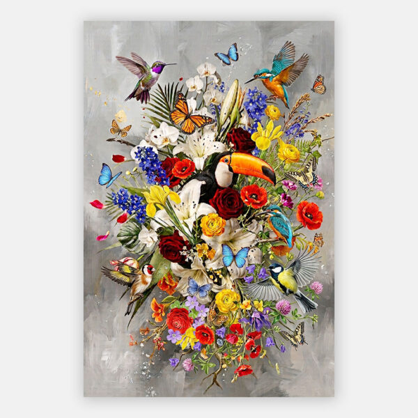 Bloemen schilderij met vogels