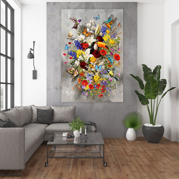 Bloemen schilderij met vogels