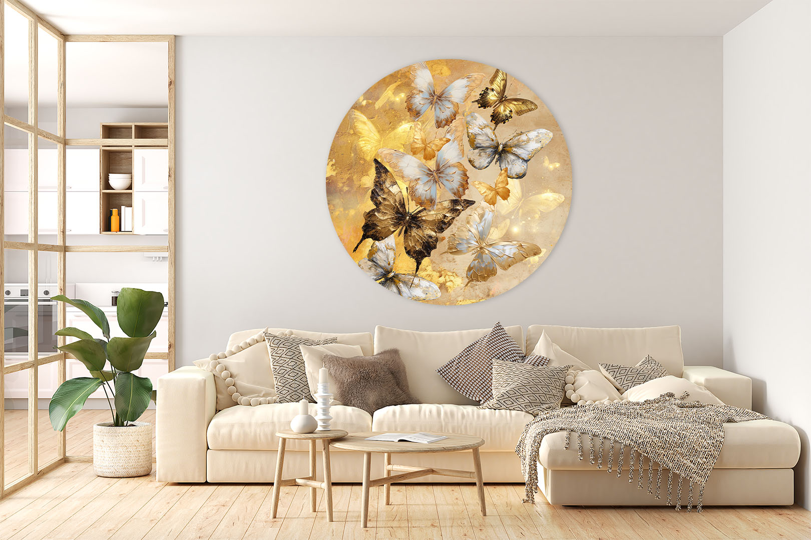 Wanddecoratie woonkamer Muurcirkel vlinders goud