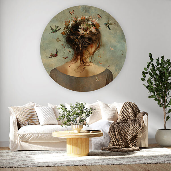 muurcirkel schilderij vrouw met bloemen en vogels